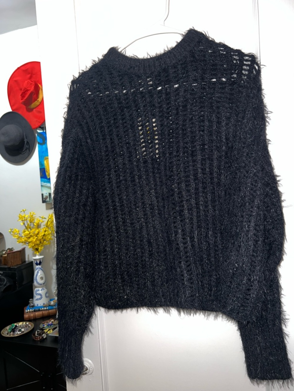 Universal Thread Black Fuzzy Open-Knit Crewneck Sweater